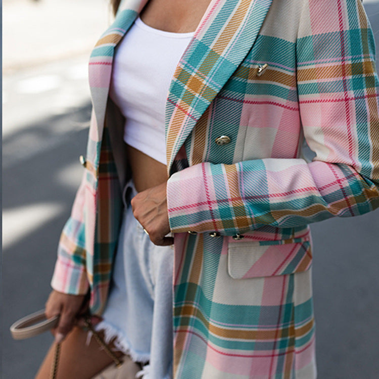 One-button Silhouette Suit Collar Slim Plaid Coat