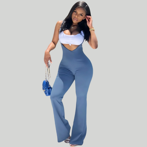 Two-Tone Backless Flare Jumpsuit
