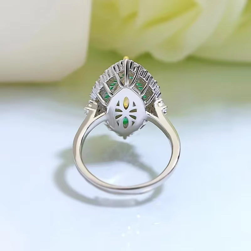 100% 925 Sterling Silver 6X13Mm Marquise Cut Citrine Emerald High Carbon Diamond Ring Luxury Wedding Party Fine Jewelry