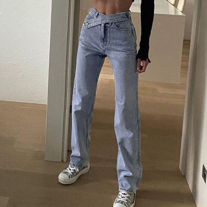 Asymmetric Waist Straight-Leg Jeans