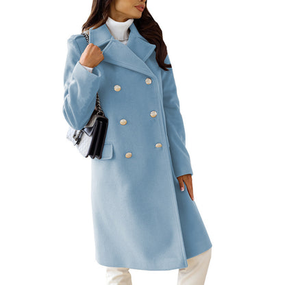 Women's New Simple Long Sleeve Lapel Double Breasted Woolen Coat