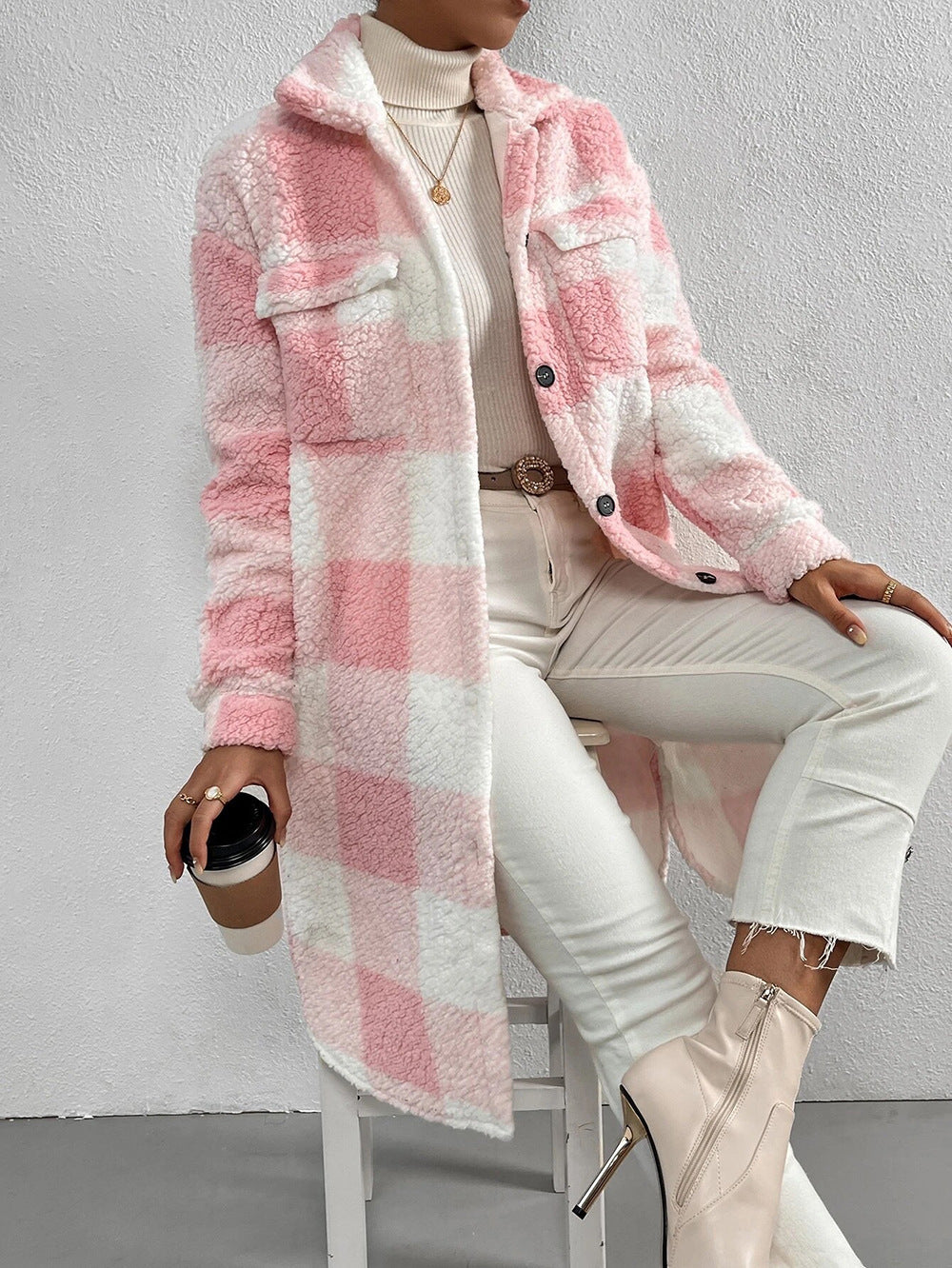 Autumn And Winter Open Button Lapel Plush Plaid Coat