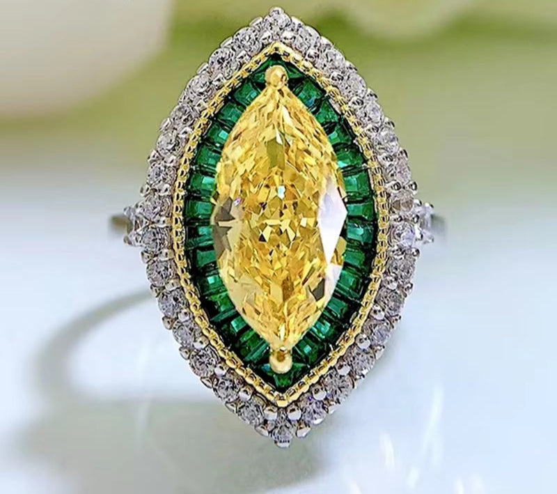 100% 925 Sterling Silver 6X13Mm Marquise Cut Citrine Emerald High Carbon Diamond Ring Luxury Wedding Party Fine Jewelry