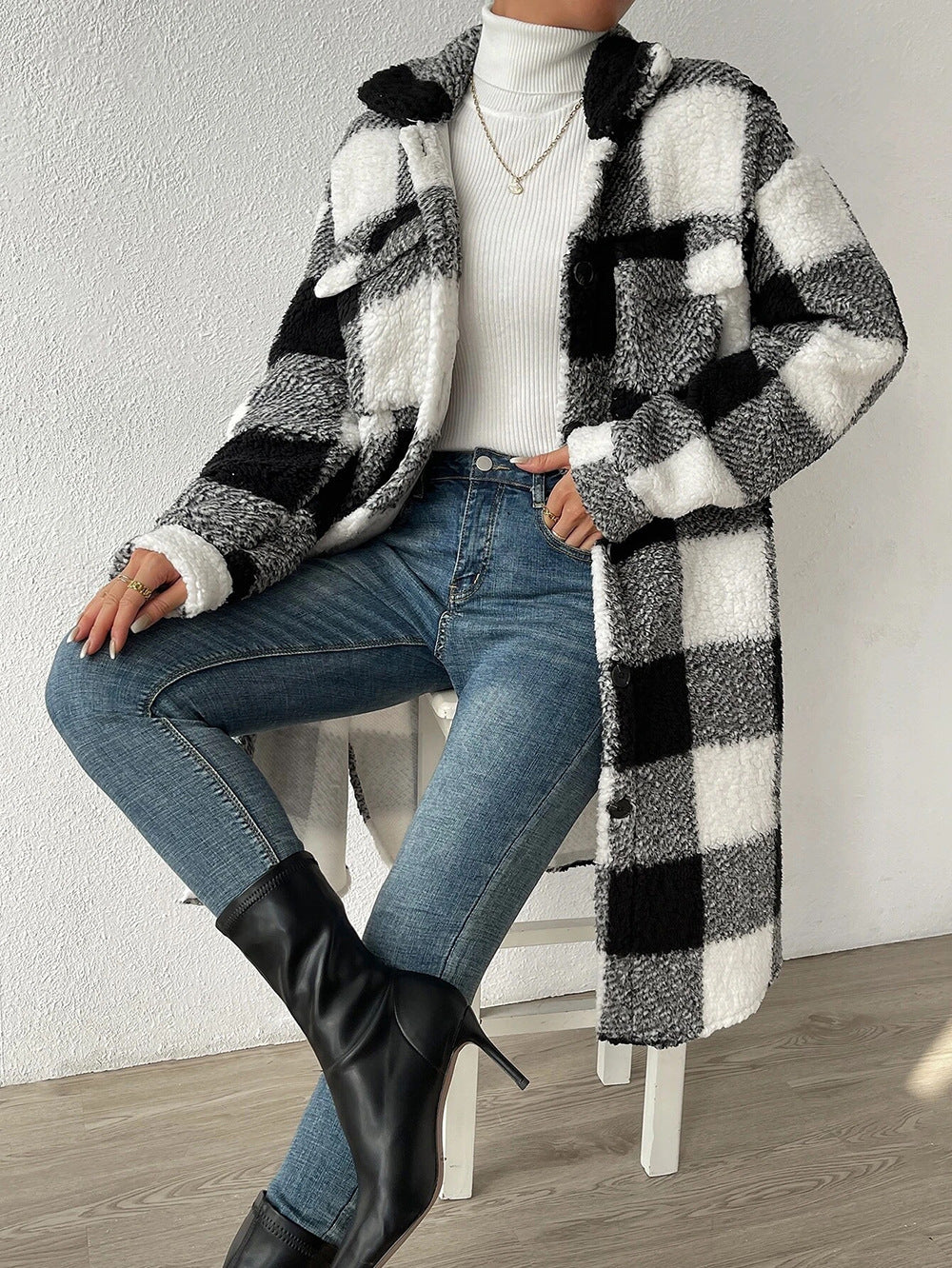 Autumn And Winter Open Button Lapel Plush Plaid Coat
