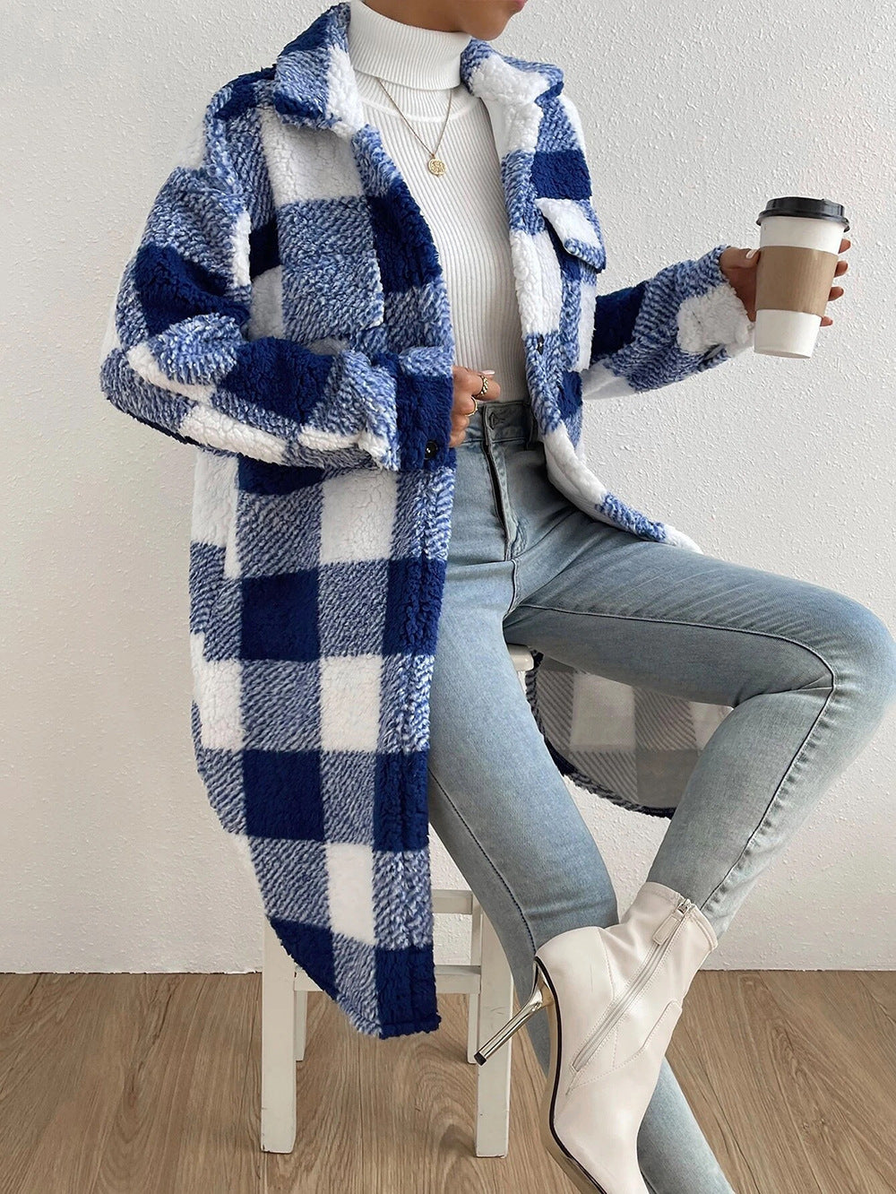 Autumn And Winter Open Button Lapel Plush Plaid Coat