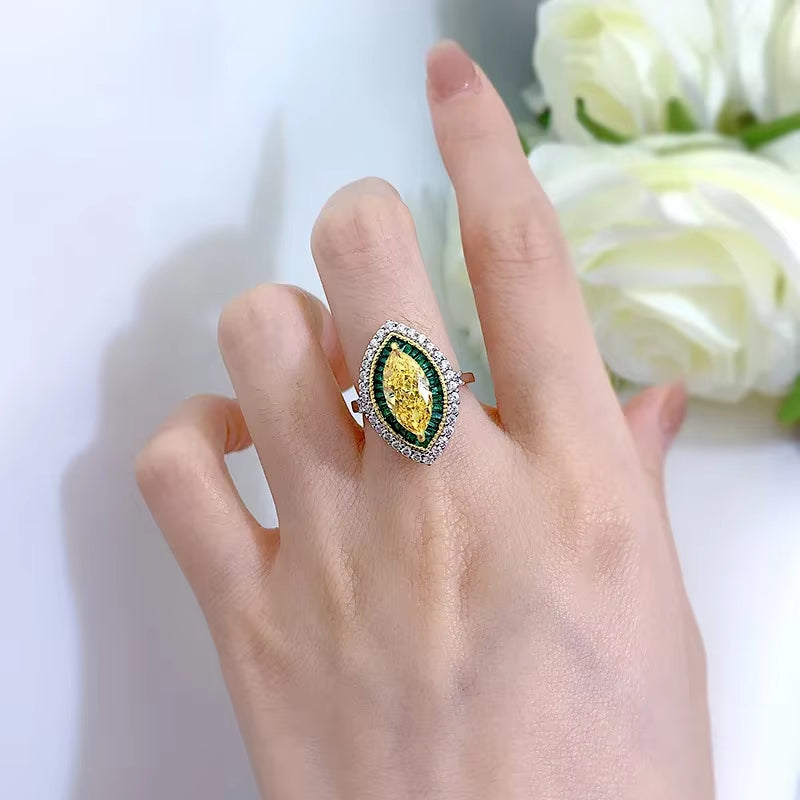 100% 925 Sterling Silver 6X13Mm Marquise Cut Citrine Emerald High Carbon Diamond Ring Luxury Wedding Party Fine Jewelry