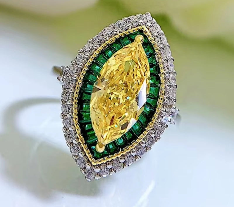 100% 925 Sterling Silver 6X13Mm Marquise Cut Citrine Emerald High Carbon Diamond Ring Luxury Wedding Party Fine Jewelry