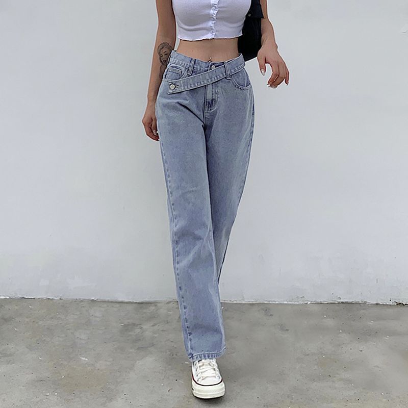 Asymmetric Waist Straight-Leg Jeans
