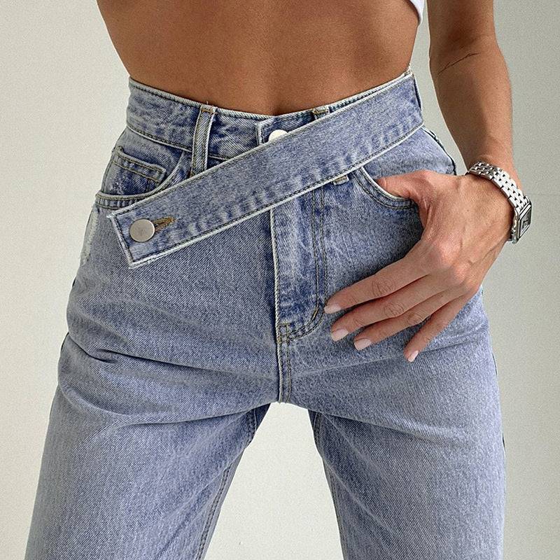 Asymmetric Waist Straight-Leg Jeans