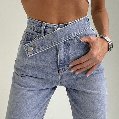 Asymmetric Waist Straight-Leg Jeans