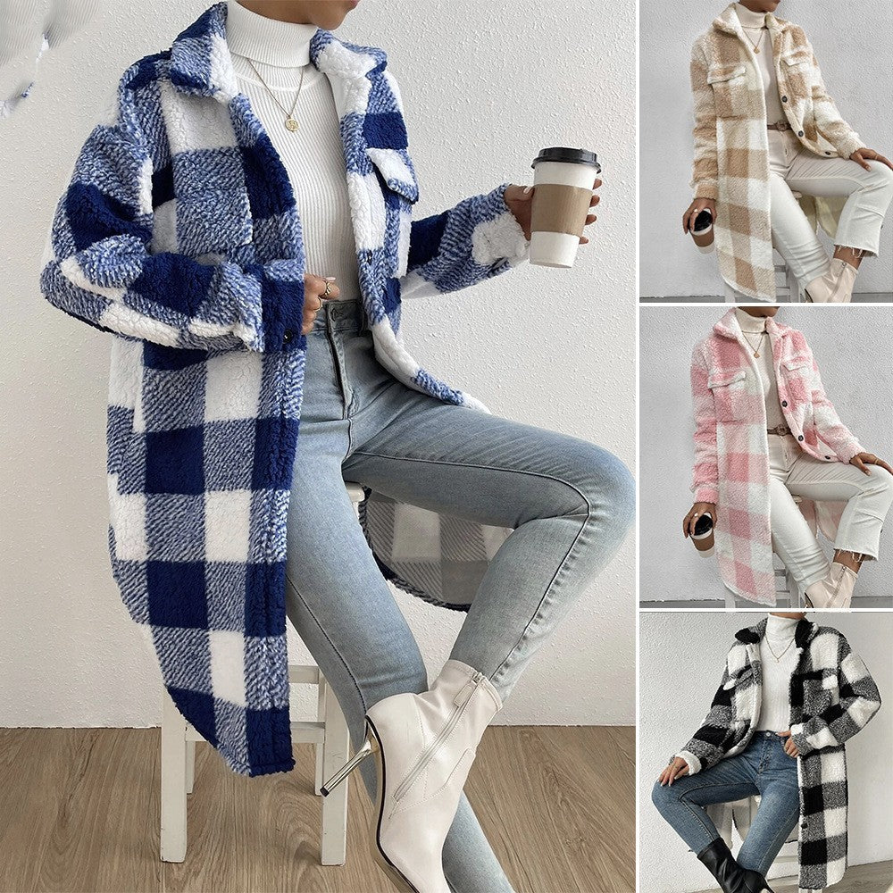 Autumn And Winter Open Button Lapel Plush Plaid Coat