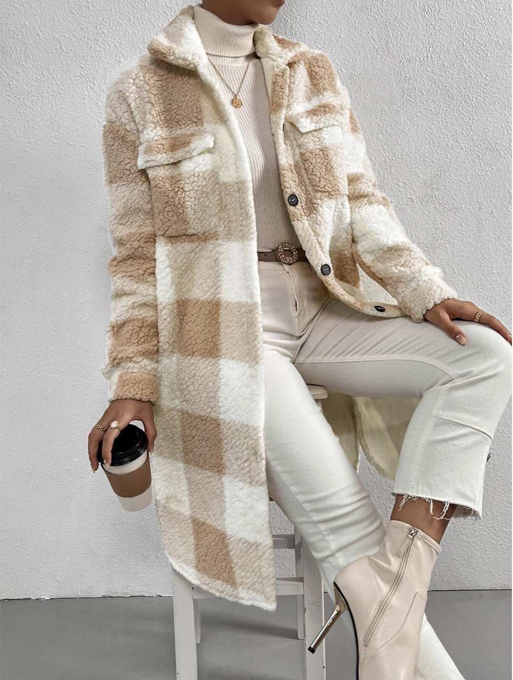 Autumn And Winter Open Button Lapel Plush Plaid Coat