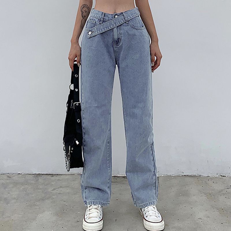Asymmetric Waist Straight-Leg Jeans