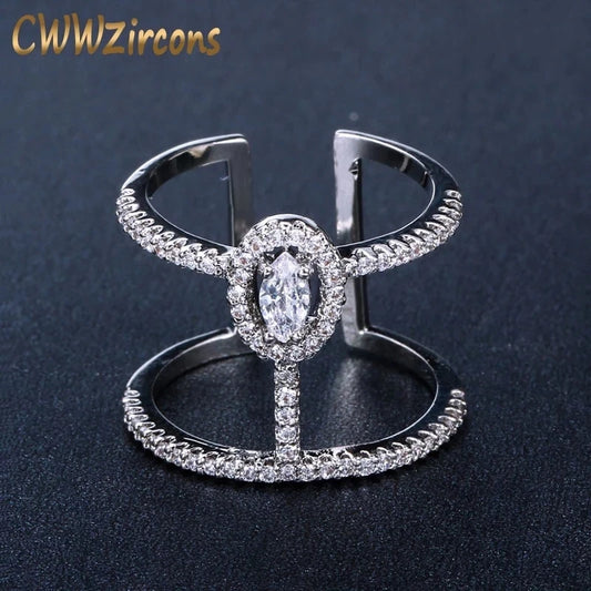 CWWZircons Adjustable Size Fashion Brand Jewelry Micro Pave Cubic Zirconia Stones Silver Color Big Open Rings For Women R065