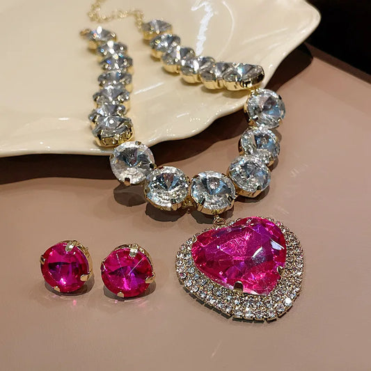 Rose Red Heart Crystal Earring Necklace Set Fashion Exaggerated Collarbone Chain Luxury Jewelry