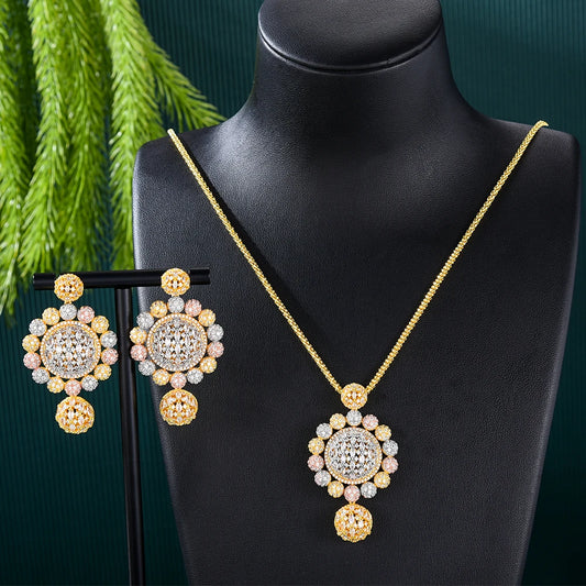 Missvikki Luxury 2PCS Disco Ball Pendant Necklace Earrings Jewelry Set Super Original Accessories for Women Bridal New Design