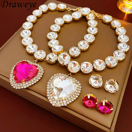 Draweye Rhinestones Jewelry Sets Hyperbole Heart Vintage Wedding Party Elegant Jewelry Fashinon Shiny Collares Para Mujer