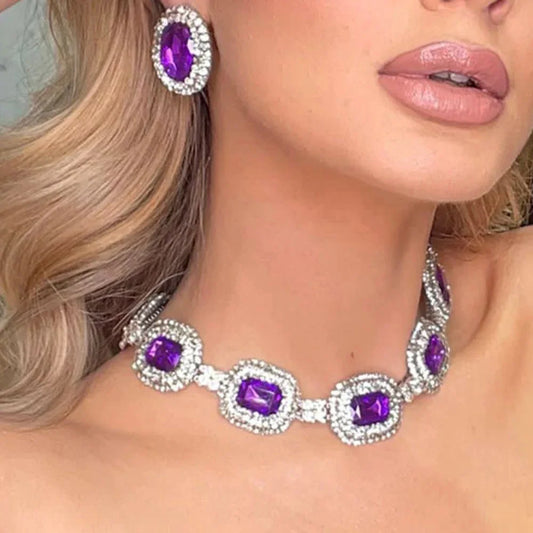 Stonefans Rhinestone Purple Necklace Earrings Set Elegant Bride Wedding Vintage Bridal Jewelry High Quality Accessories Women