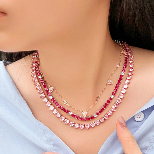 CWWZircons Real 5A Fuchsia Red Cubic Zirconia Shiny Round CZ Tennis Chain Link Necklace for Women Summer Party Jewelry CP116