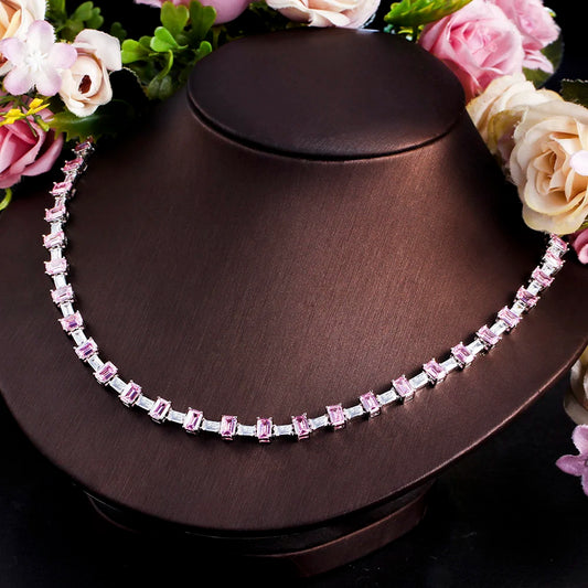 ThreeGraces Elegant Pink Cubic Zirconia Geometric Rectangle Chain Link Necklace for Women Fashion Party Costume Jewelry PN121