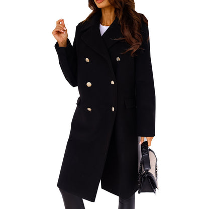 Women's New Simple Long Sleeve Lapel Double Breasted Woolen Coat