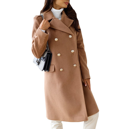 Women's New Simple Long Sleeve Lapel Double Breasted Woolen Coat