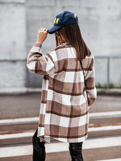 Fashionable Medium Long Plaid Woolen Printed Coat For Women