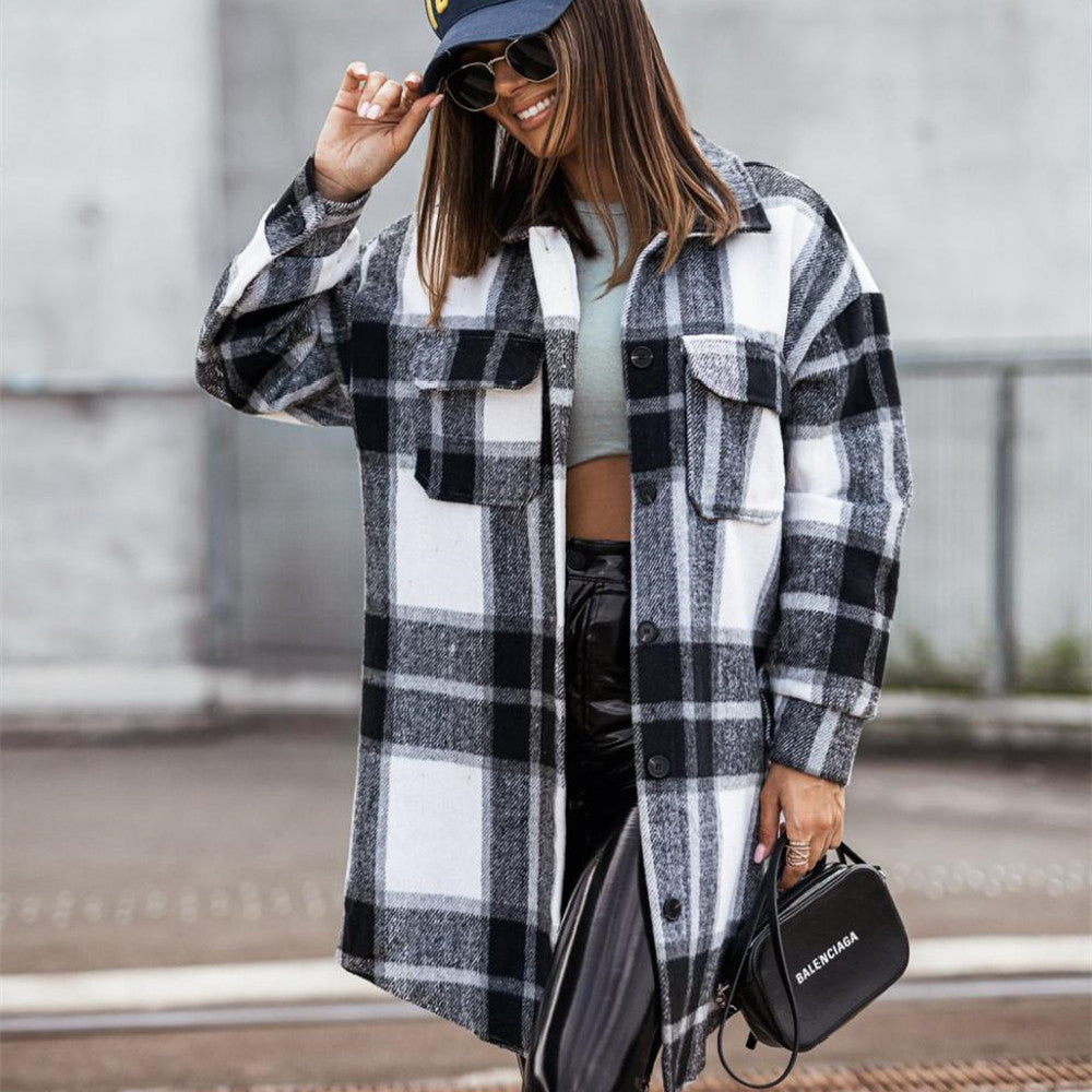 Fashionable Medium Long Plaid Woolen Printed Coat For Women