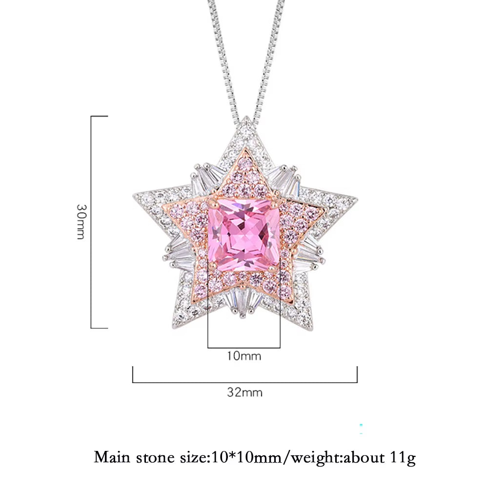 Vintage 10*10Mm Pink Quartz Topaz Pentagram Pendant Necklace for Women Lab Diamond Cocktail Party Fine Jewelry Gift Accessories