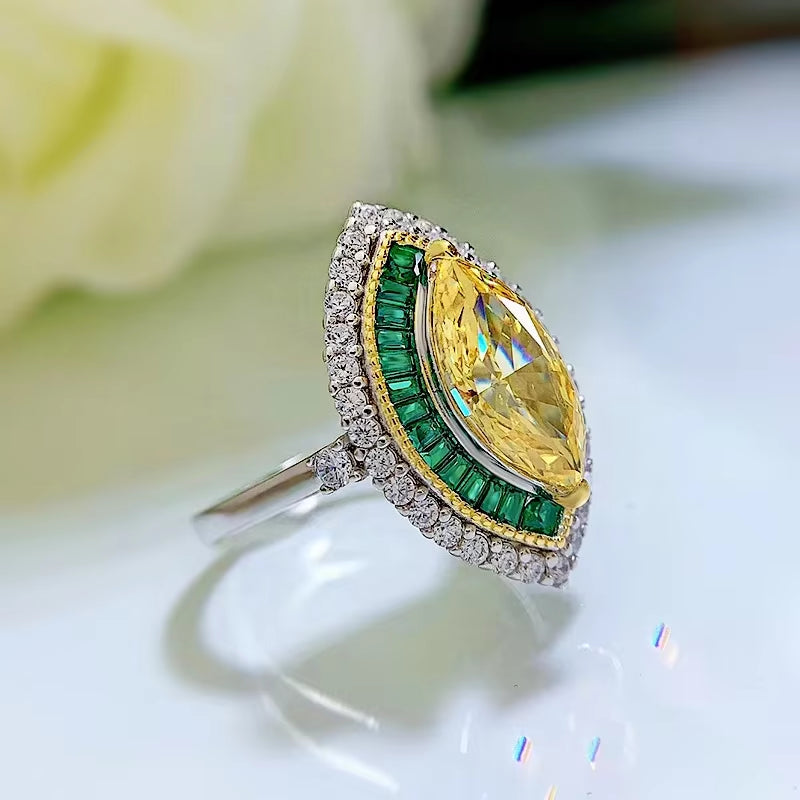 100% 925 Sterling Silver 6X13Mm Marquise Cut Citrine Emerald High Carbon Diamond Ring Luxury Wedding Party Fine Jewelry