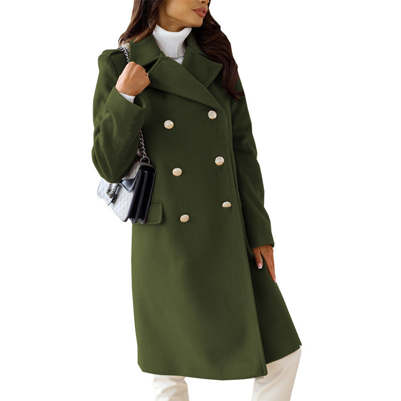 Women's New Simple Long Sleeve Lapel Double Breasted Woolen Coat