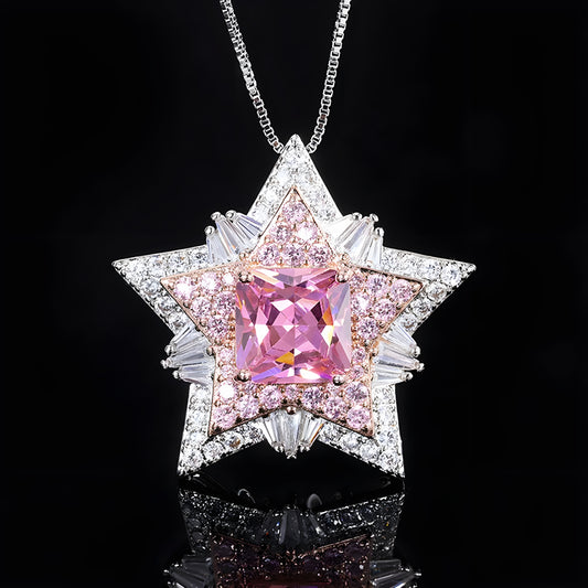 Vintag Pink Quartz Topaz Pentagram  Diamond Pendant